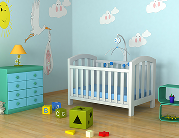 Calm looking nursery with toys on the floor