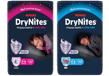 2 packs of huggies drynites pyjama pants age 3-4 that offer support for children who have enurisis